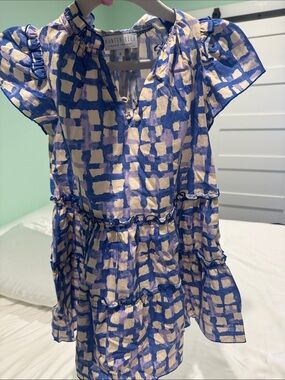 HUNTER BELL Blue and Cream Checkered Tiered Dress